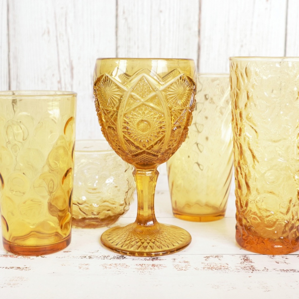 5-pc Mismatched Vintage Amber Yellow Glasses 1970s Retro Eclectic Colored Glass